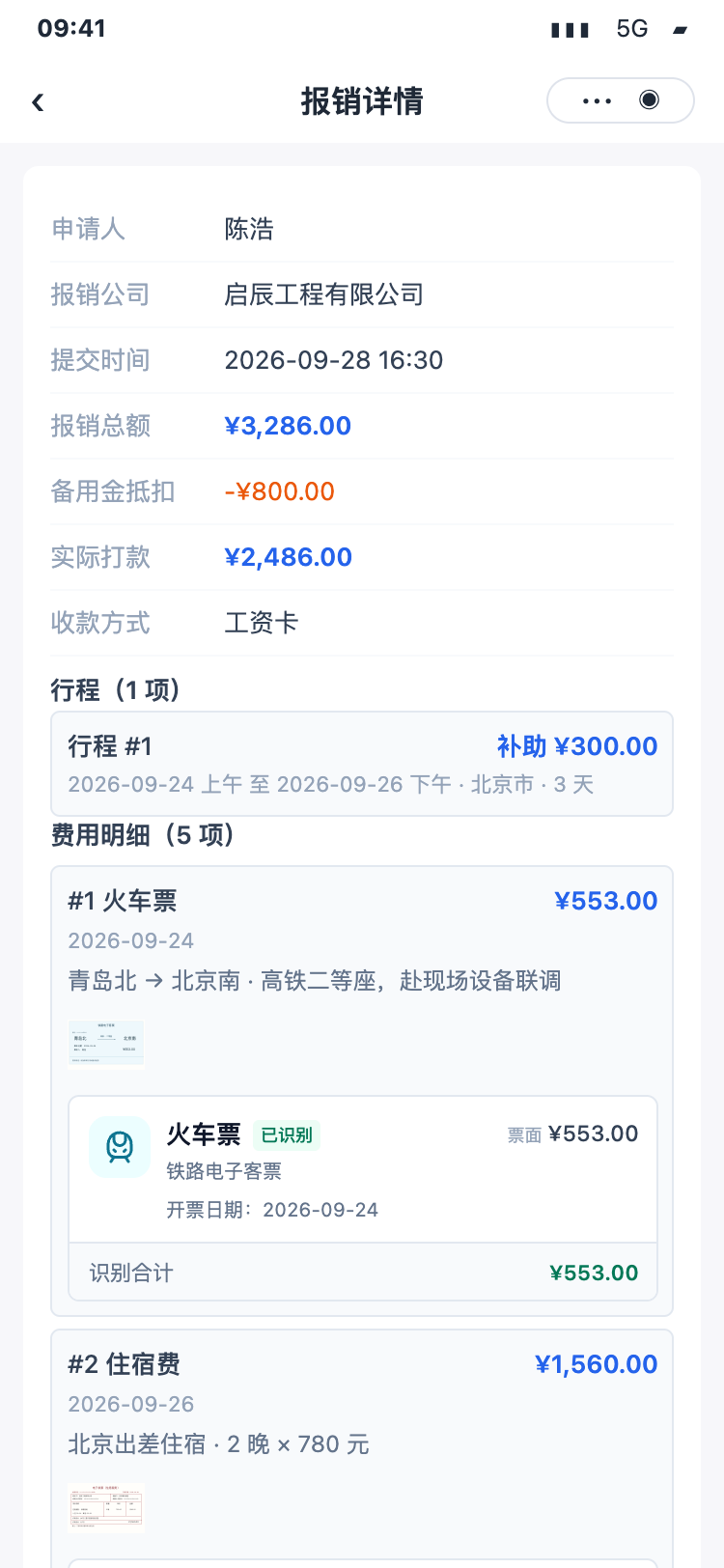 报销详情，展示差旅行程、票据与费用明细